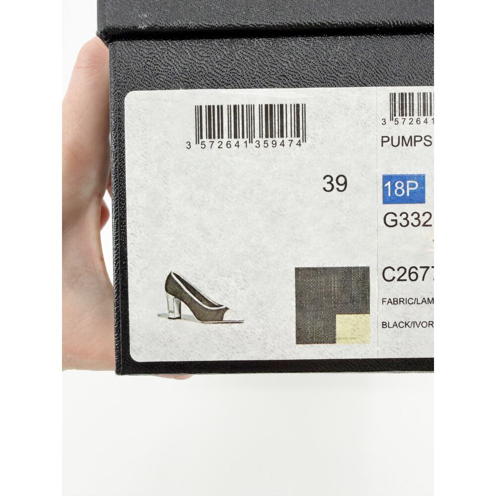 Chanel Chain Heel CC Denim Cap Toe Black Ivory Navy Pumps Block Heel 39 Box - Picture 14 of 16